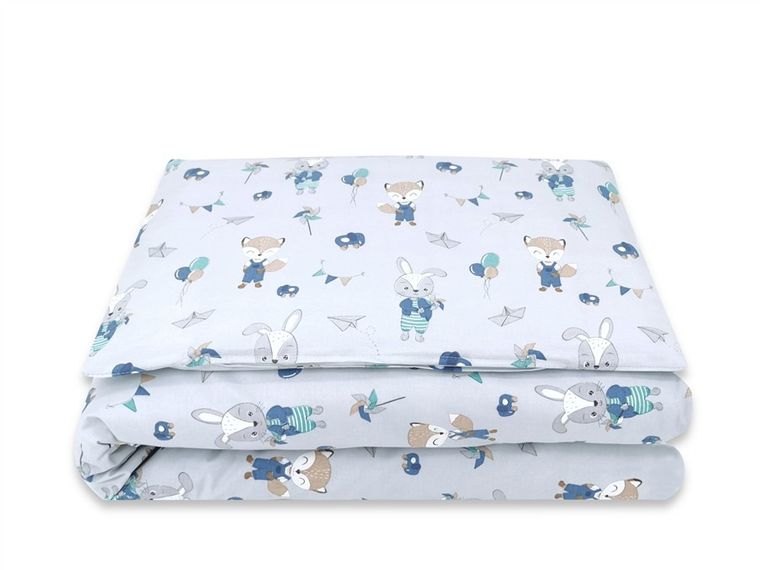 MimiNu, Vulpea si Iepurele, set lenjerie de pat single, din bumbac, albastru, 100-135 cm