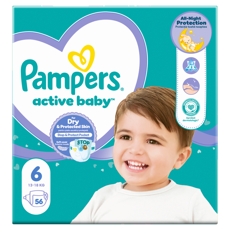 Pampers Active Baby, Jumbo Pack, scutece marimea 6, 13-18 kg, 56 buc.