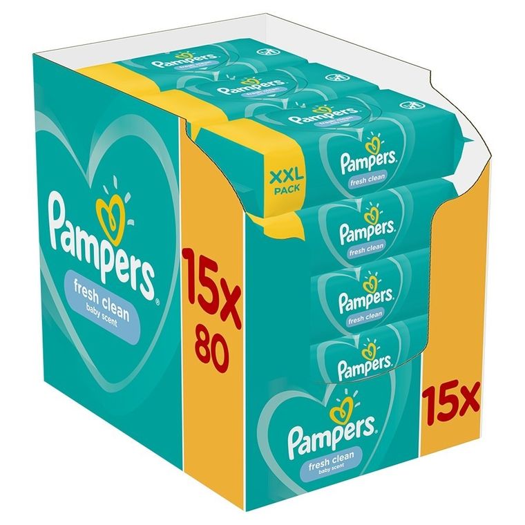 Pampers Fresh Clean, servetele umede, 15 pachete de 80 servetele, 1200 buc.