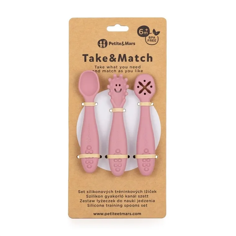 Petite&Mars, Take&Match, set de lingurite din silicon pentru invatarea hranirii, Dusty Rose, 6 luni+, 3 buc.