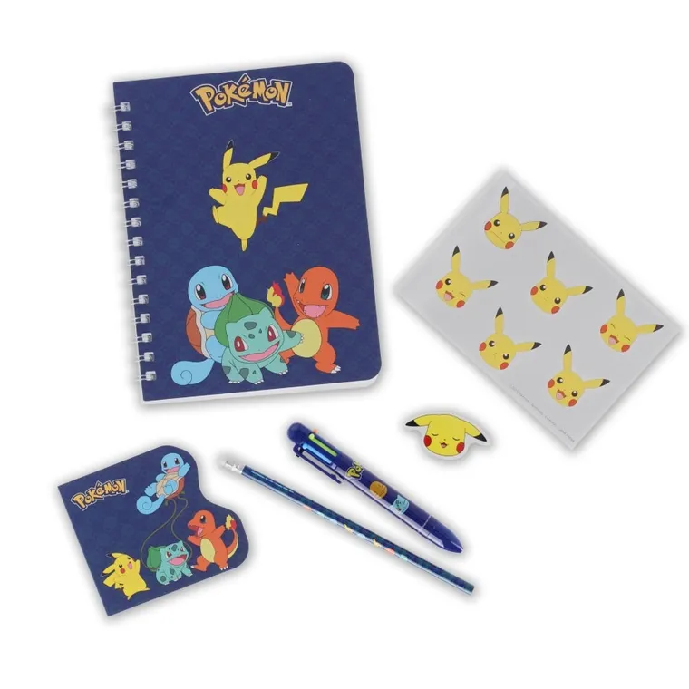 Pokemon, set de rechizite scolare: creion, radiera, stilou cu sase culori, penita, autocolante, 6 buc.
