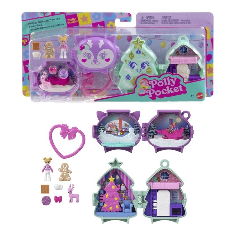 Polly Pocket, Holiday Connects Bundle, set de joaca cu papusa mic si accesorii