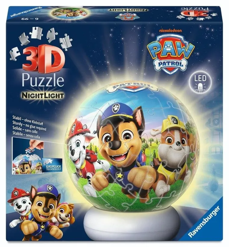 Ravensburger, Paw Patrol, Bila, puzzle 3D, lampa, 72 piese