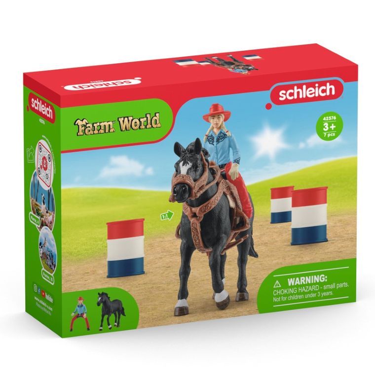 Schleich, Farm World, Cowgirl si cursa printre butoaie, set, 42576
