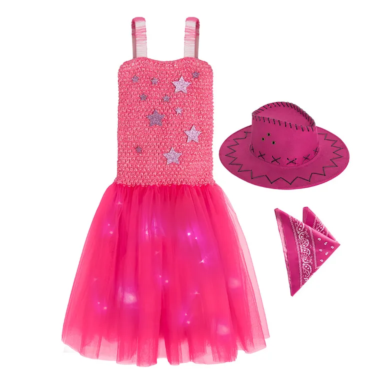 Smiki, Fata Cowboy, costum pentru copii, roz, LED, 5-6 ani