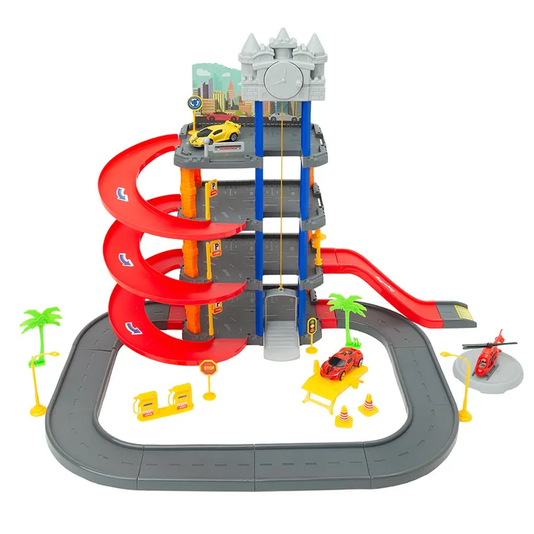 Smiki, pista de curse cu parcare si lift, set cu vehicule, 68 elemente
