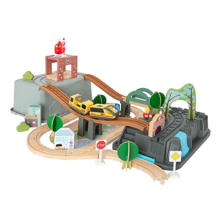 Smiki, sine de lemn cu trenulet electric si recipient de depozitare