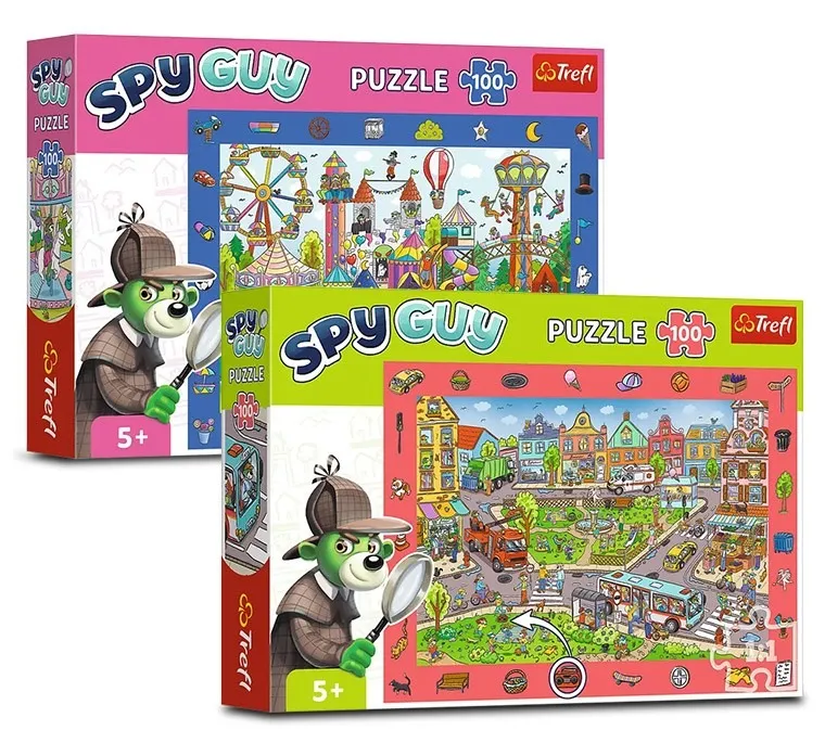 Trefl, familia Treflik, Spy Guy, Happy town + City, puzzle de observatie, 2-100 piese, set promotional