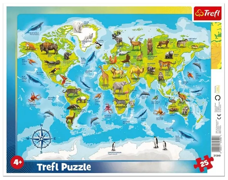 Trefl, Frame, Harta lumii cu animale, puzzle, 25 piese