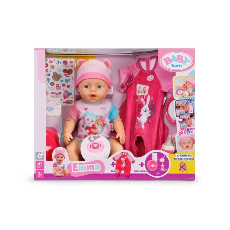 Baby Born, papusa Emma, ​​43 cm, set cu salopeta suplimentara + pachet de 5 scutece gratuit