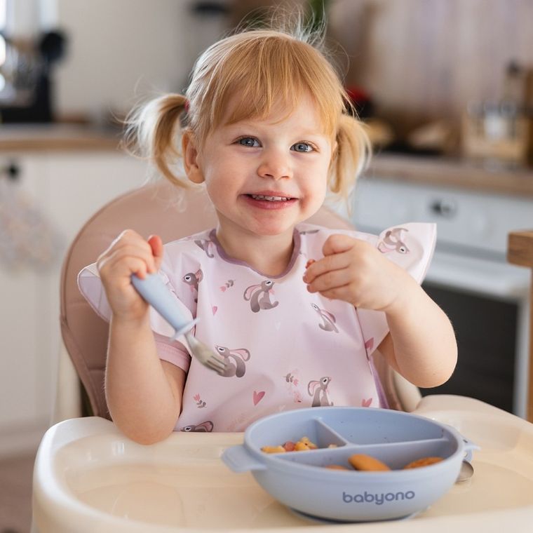 BabyOno, farfurie din silicon cu ventuza si capac, albastru