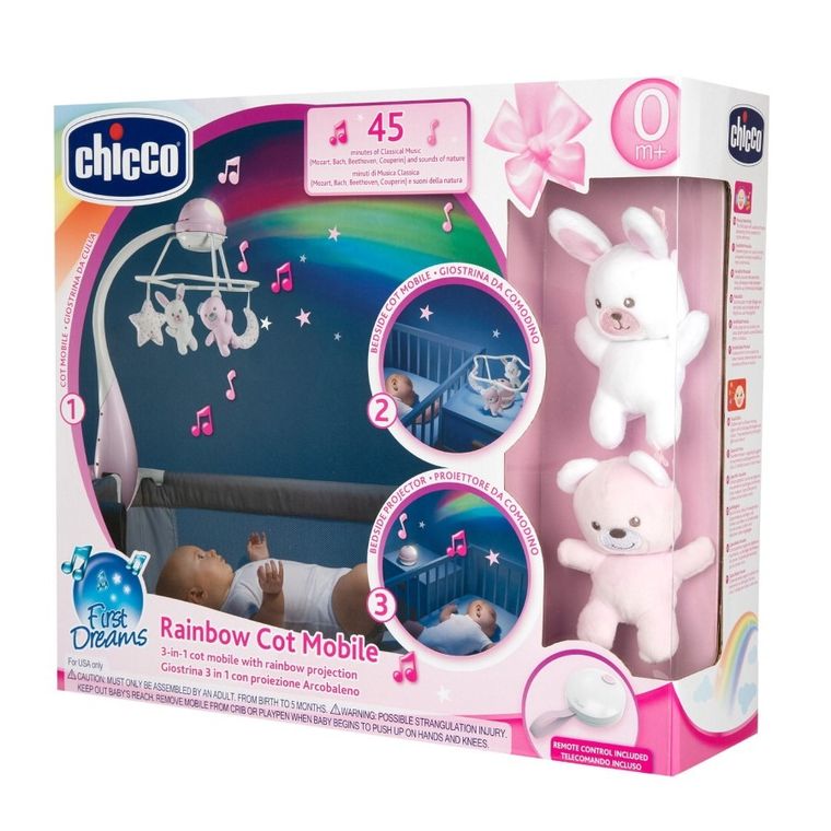 Chicco, First Dreams, Rainbow, Carusel pentru patut 3in1, roz