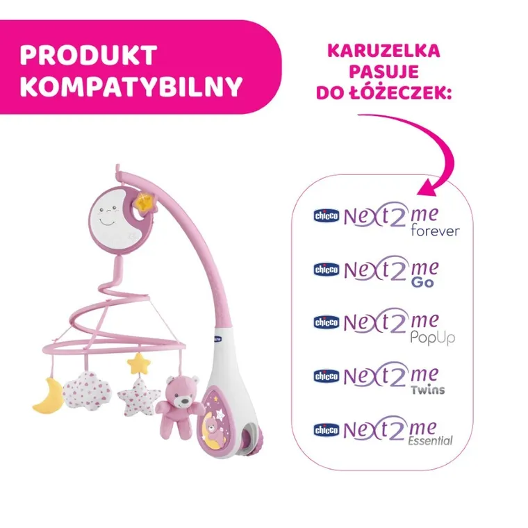 Chicco, Next2Dreams, Carusel pentru patut 3in1, roz