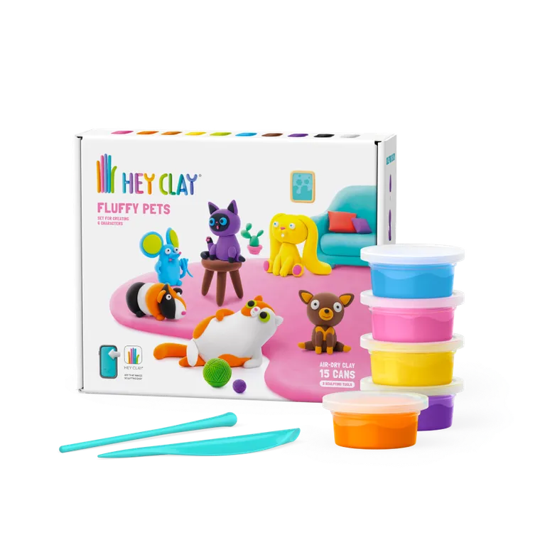 Hey Clay, Fluffy Pets, set creativ, 15 cutii de plastilina