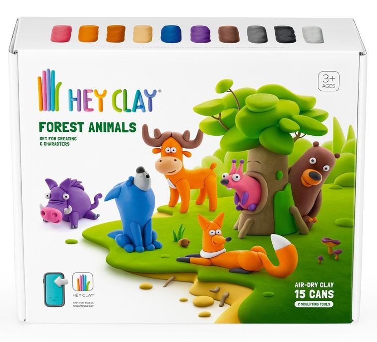 Hey Clay, Forest Animals, set creativ, 15 cutii de plastilina