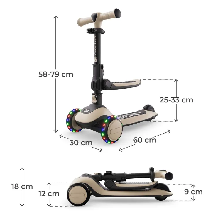 Kinderkraft, Halley 2, trotineta cu 3 roti de echilibru 2in1, LED, Stone White