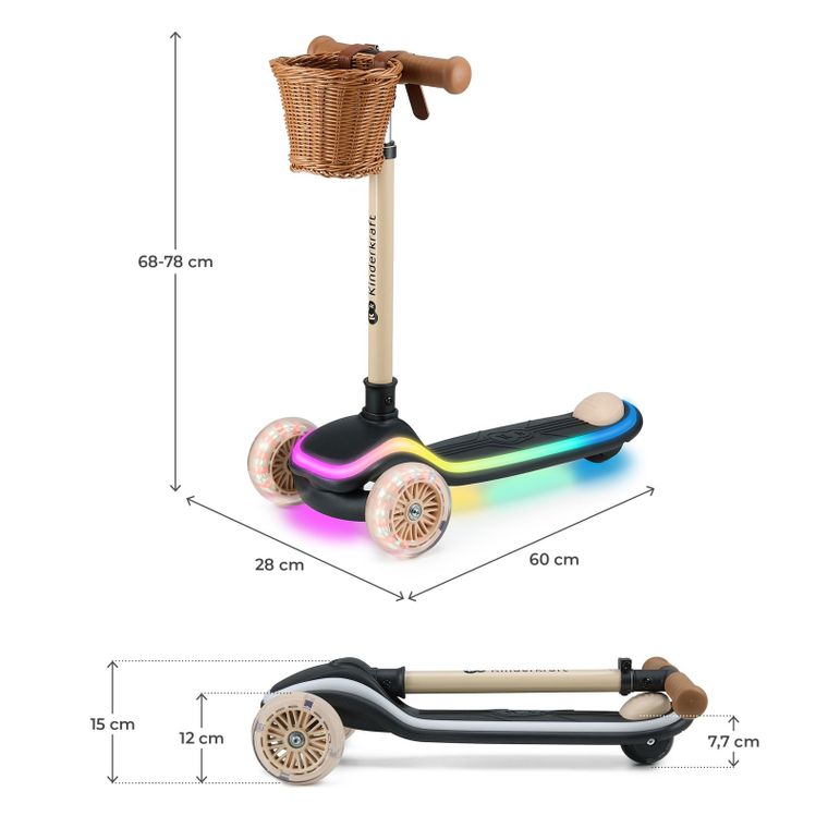 Kinderkraft, Raket, trotineta cu 3 roti LED, Beige