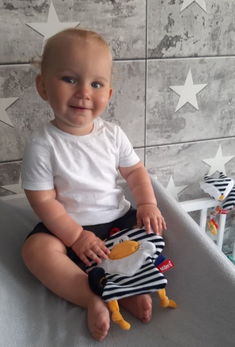 Mom's Care, pisica in dungi, jucarie senzoriala contrastanta cu agatatoare