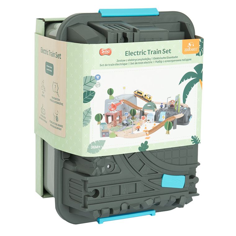 Smiki, sine de lemn cu trenulet electric si recipient de depozitare