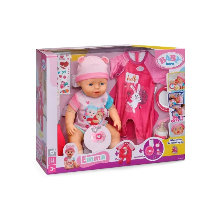 Baby Born, papusa Emma, ​​43 cm, set cu salopeta suplimentara + pachet de 5 scutece gratuit