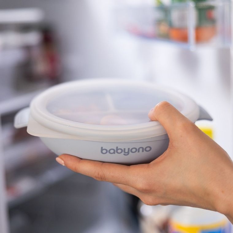 BabyOno, farfurie din silicon cu ventuza si capac, albastru