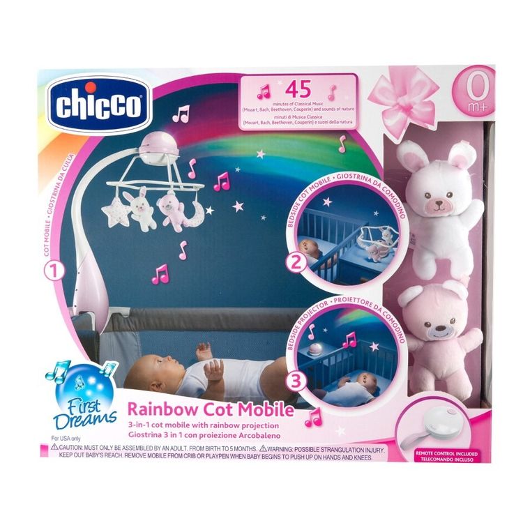 Chicco, First Dreams, Rainbow, Carusel pentru patut 3in1, roz