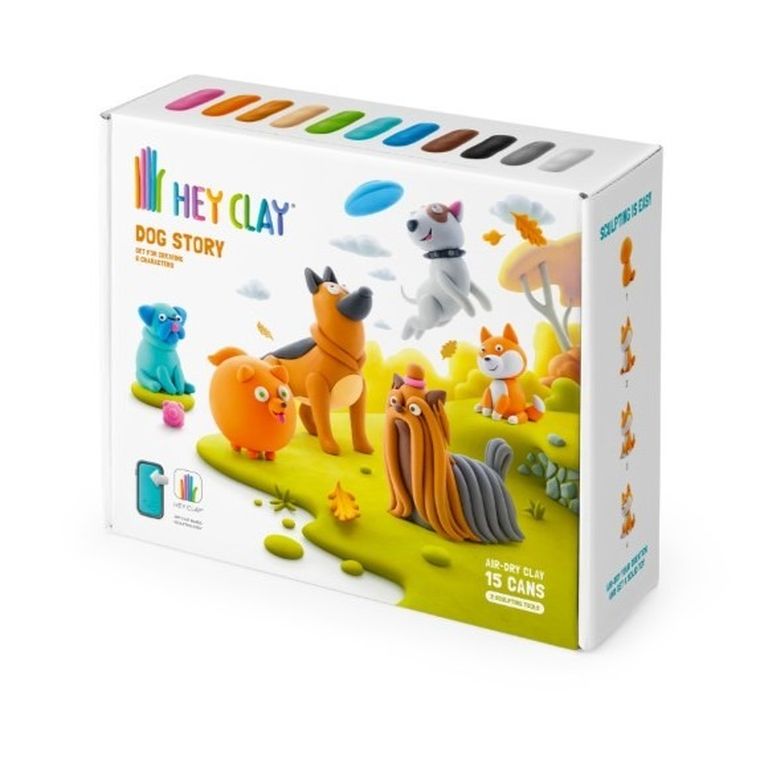 Hey Clay, Dog Story, set creativ, 15 cutii de plastilina