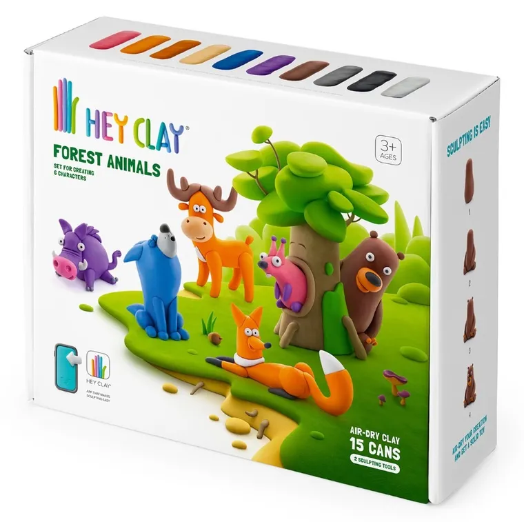 Hey Clay, Forest Animals, set creativ, 15 cutii de plastilina