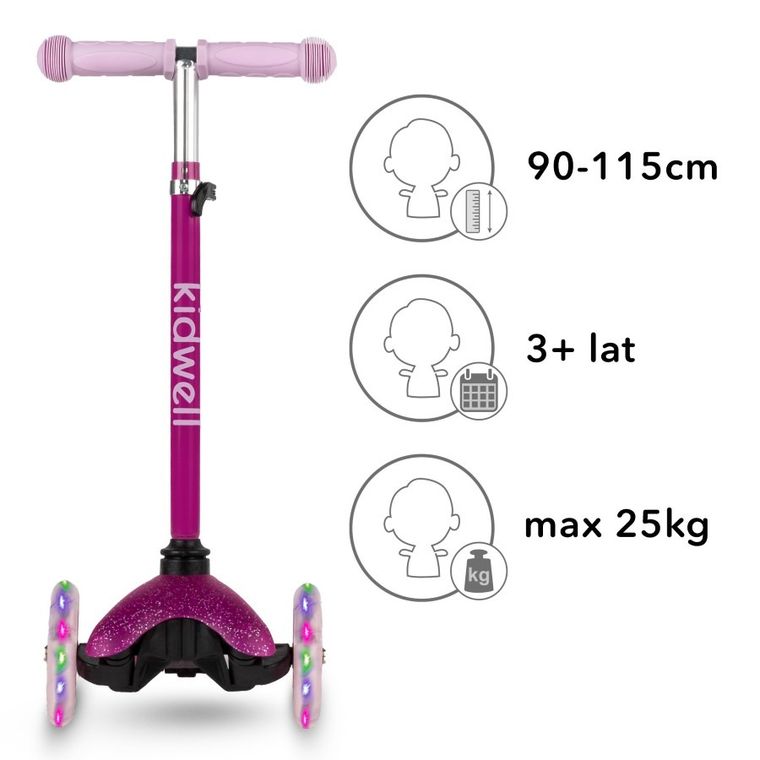 Kidwell, Uno, trotineta cu 3 roti LED, roz