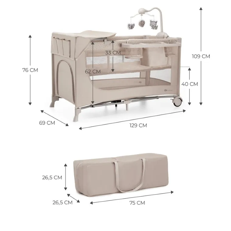 Kinderkraft, Joy 2, patut de calatori cu accesorii, 3in1, Beige