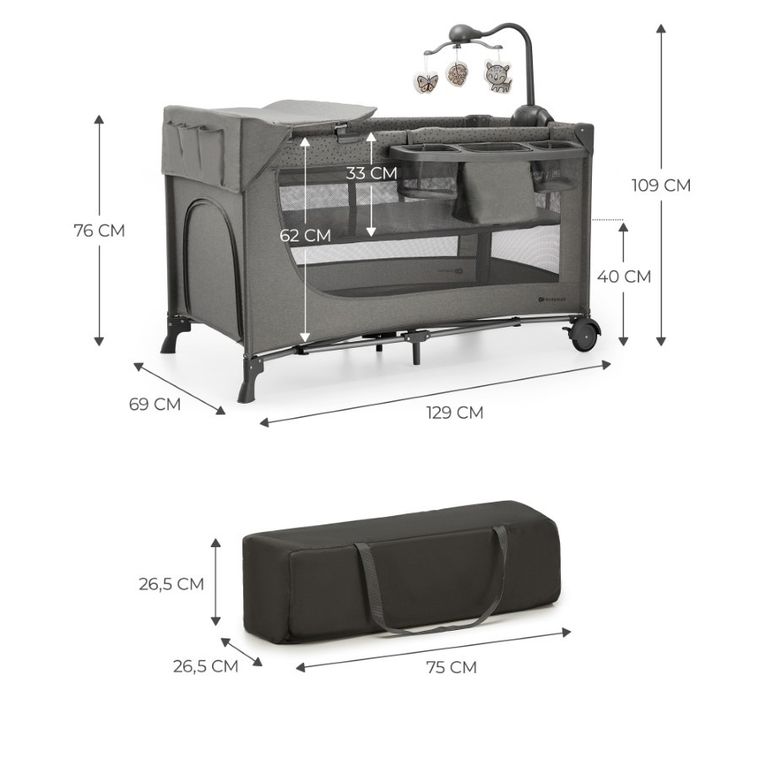Kinderkraft, Joy 2, patut de volaj cu accesorii, 3in1, Dark Grey