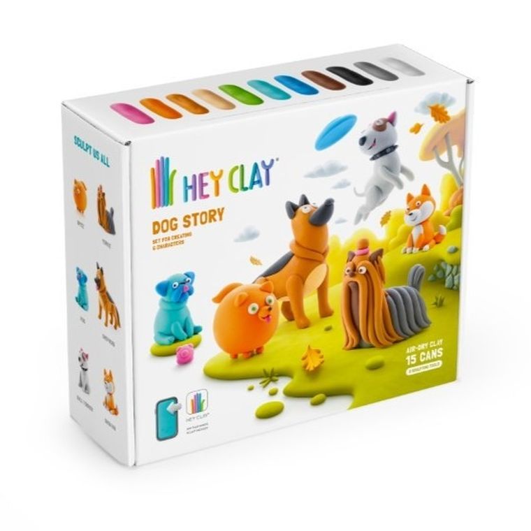 Hey Clay, Dog Story, set creativ, 15 cutii de plastilina