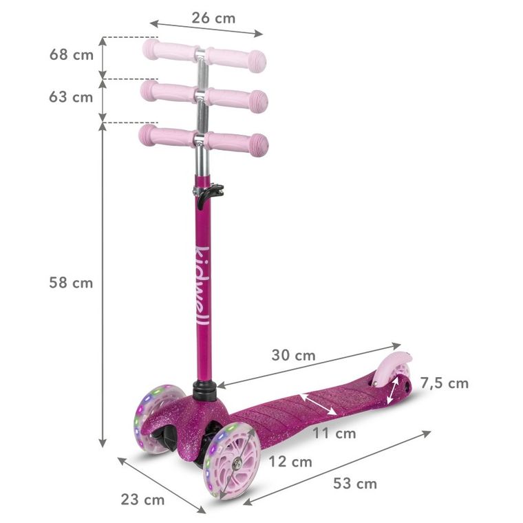 Kidwell, Uno, trotineta cu 3 roti LED, roz