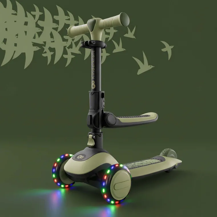 Kinderkraft, Halley 2, trotineta cu 3 roti de echilibru 2in1, LED, Grassland Green