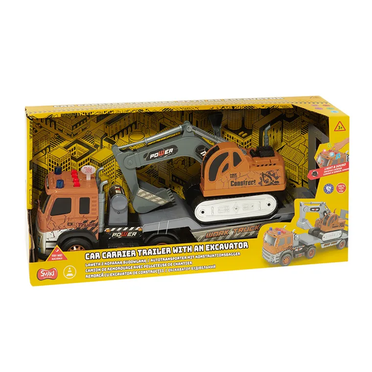 Smiki, platforma cu excavator, set de vehicule cu lumini si sunete