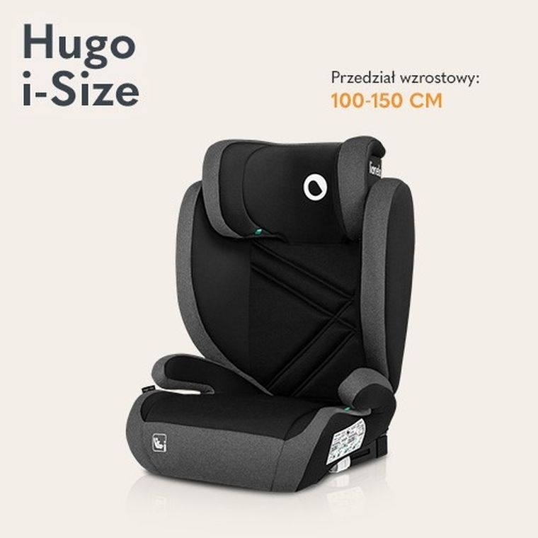 Lionelo, Hugo, I-size, scaun auto, 100-150 cm, Black Grey