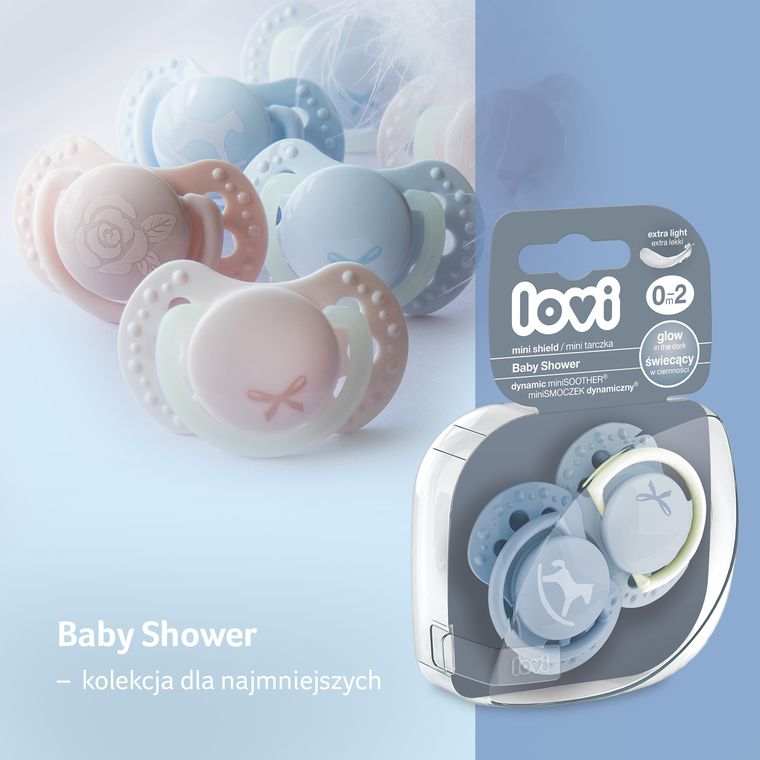 Lovi, Baby Shower Boy, suzeta dinamica din silicon, 0-2 luni, 2 buc.