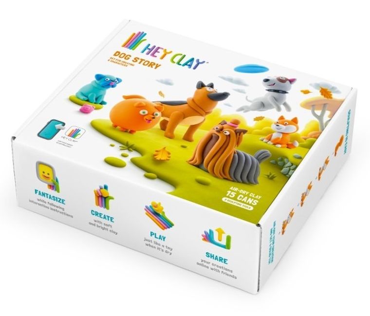 Hey Clay, Dog Story, set creativ, 15 cutii de plastilina
