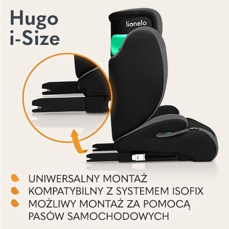 Lionelo, Hugo, I-size, scaun auto, 100-150 cm, Black Grey