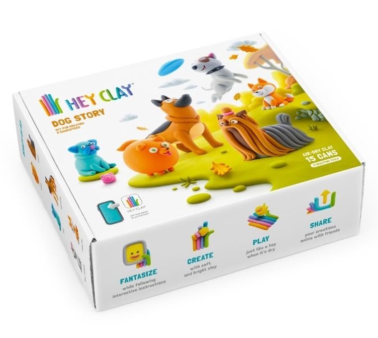 Hey Clay, Dog Story, set creativ, 15 cutii de plastilina