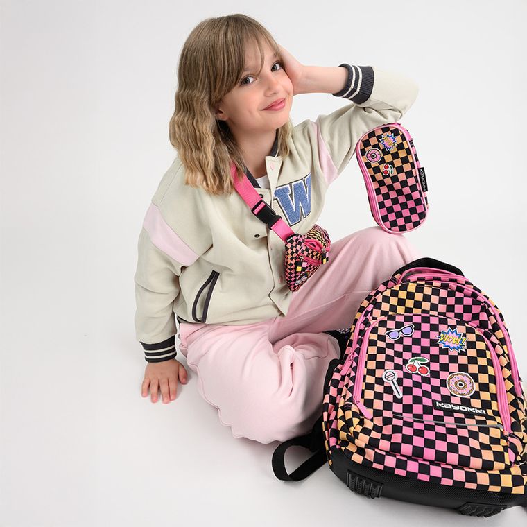 Kayokki, rucsac pentru scoala cu 1 compartiment, carouri roz-portocaliu