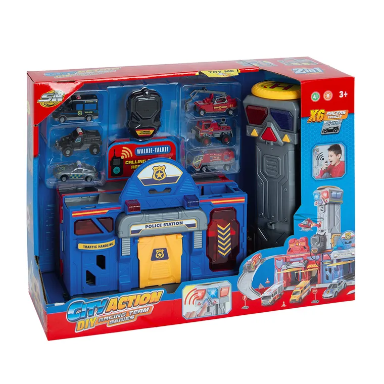City Action, Politie si pompieri, garaj cu vehicule si walkie-talkie, lumini si sunete