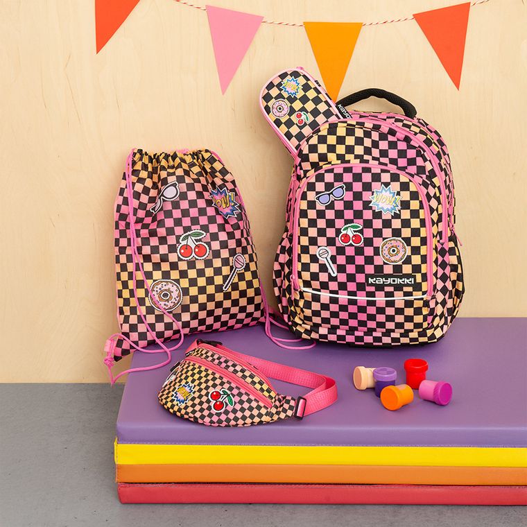 Kayokki, rucsac pentru scoala cu 1 compartiment, carouri roz-portocaliu