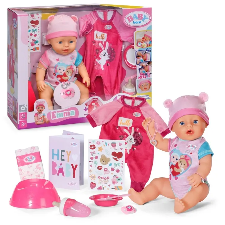 Baby Born, papusa Emma, ​​43 cm, set cu salopeta suplimentara + pachet de 5 scutece gratuit