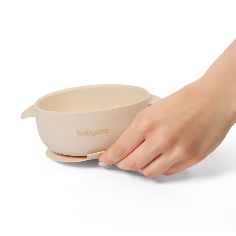 BabyOno, farfurie din silicon cu ventuza si capac, bej