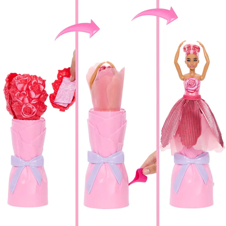 Barbie, Petal Pop, papusa surpriza, floare rosie