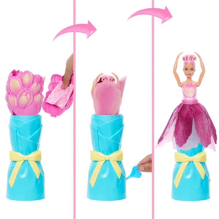 Barbie, Petal Pop, papusa surpriza, floare roz