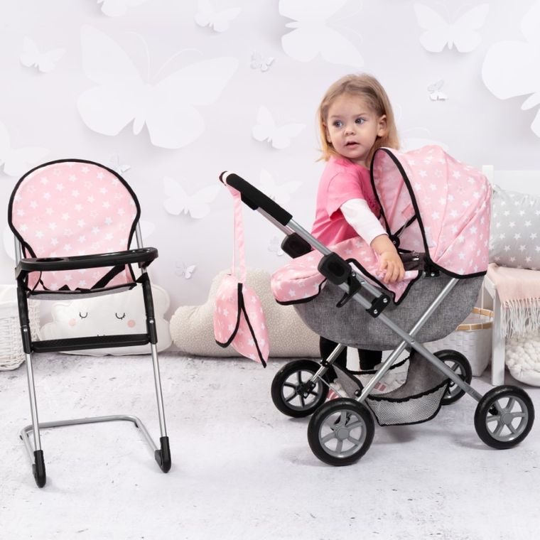 Bayer Design, Cosy, carucior multifunctional pentru papusi, set cu geanta si scaunel, roz-gri cu stelute