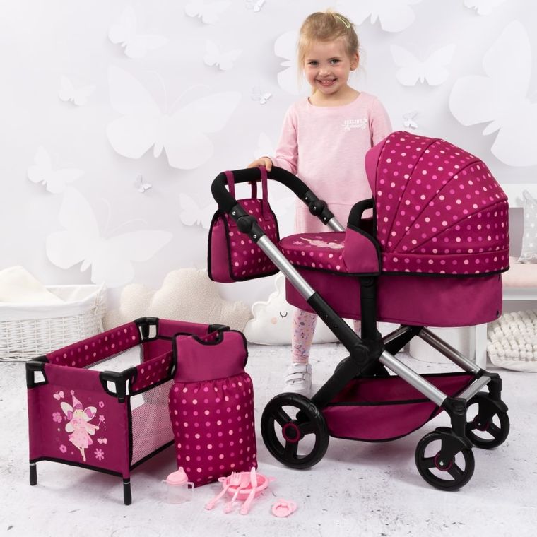 Bayer Design, Xeo Combi, carucior multifunctional pentru papusi, set cu patut pliabil, geanta si accesorii, burgundia