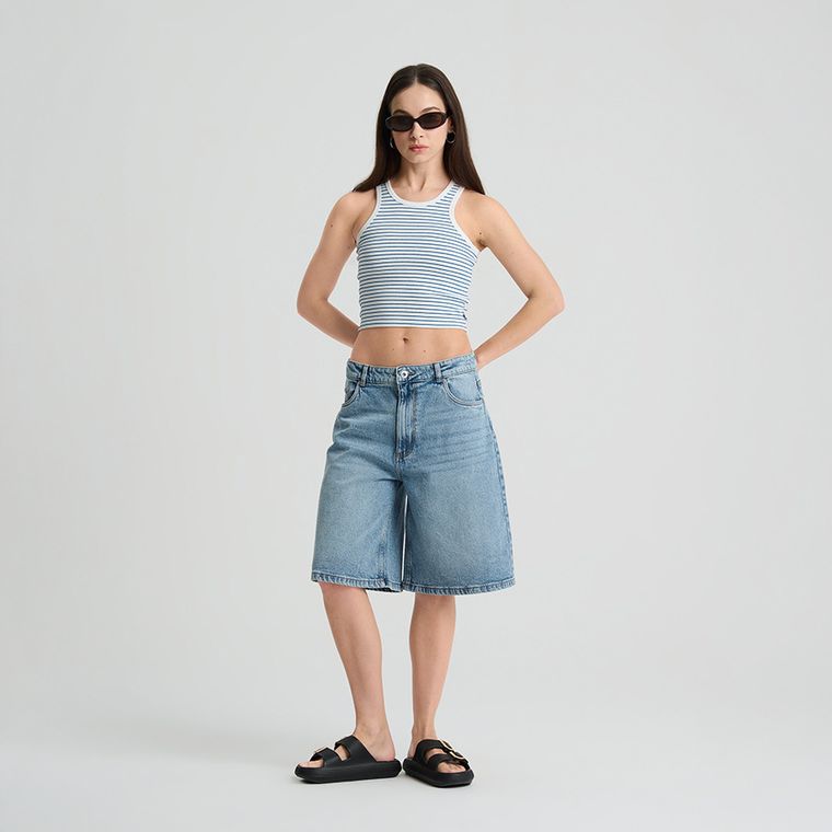 Bermude din denim cu talie reglabila unisex NOWEAR